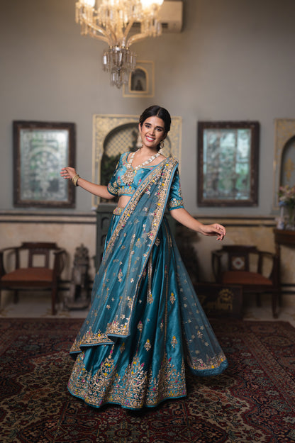 Sea Blue Velvet Lehenga with Zardozi and Moti Work