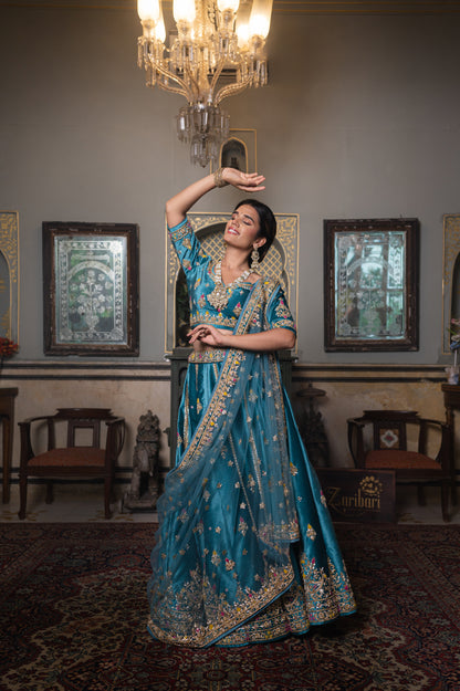 Sea Blue Velvet Lehenga with Zardozi and Moti Work