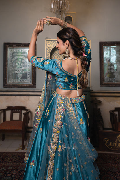 Sea Blue Velvet Lehenga with Zardozi and Moti Work