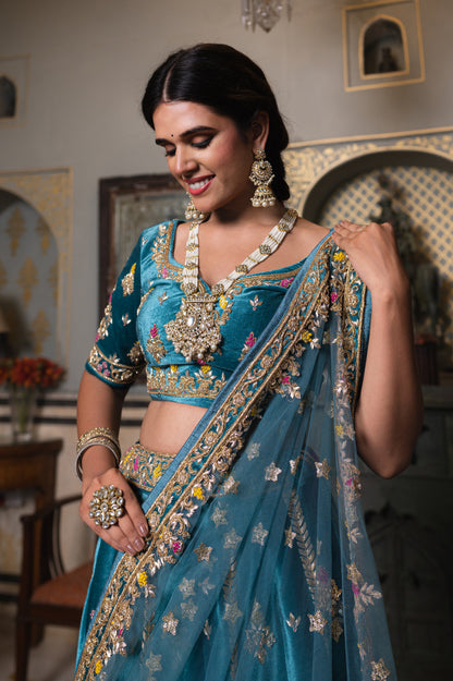 Sea Blue Velvet Lehenga with Zardozi and Moti Work
