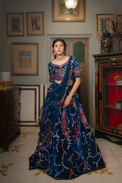 Navy Blue Velvet Lehenga with Zardozi Thread and Moti Work