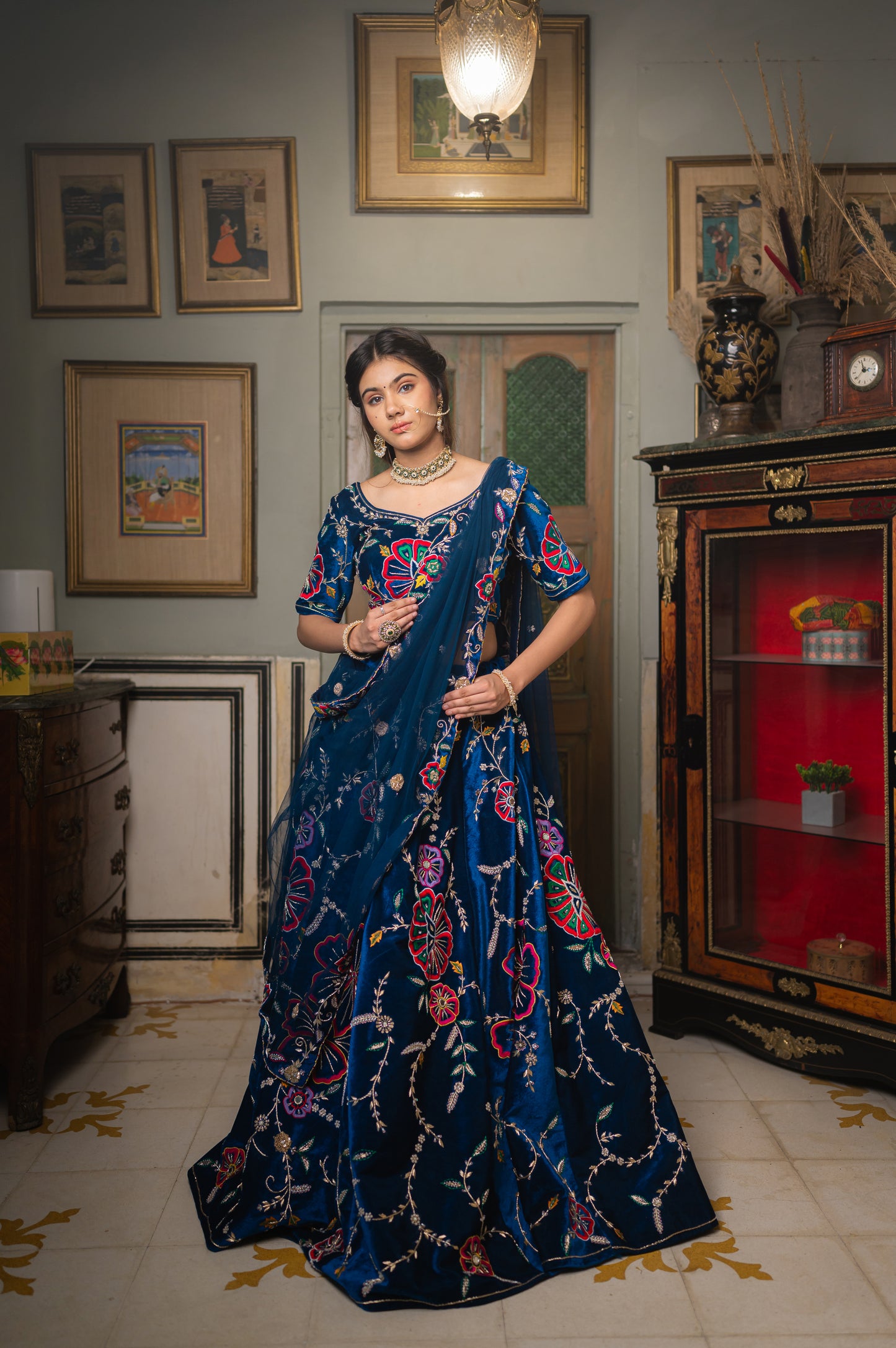 Navy Blue Velvet Lehenga with Zardozi Thread and Moti Work