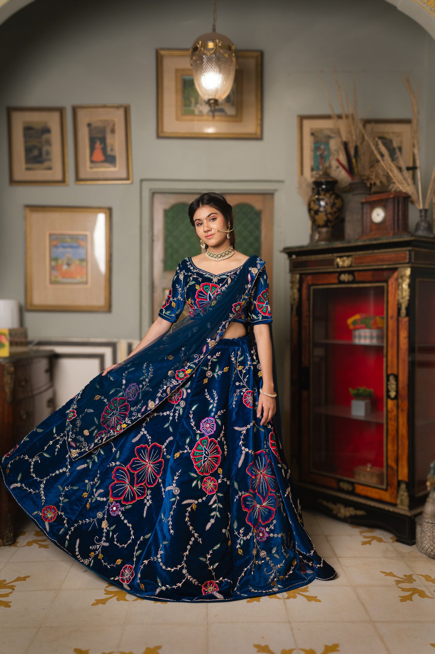 Teal Blue Silk Velvet Lily Flower Design Lehenga