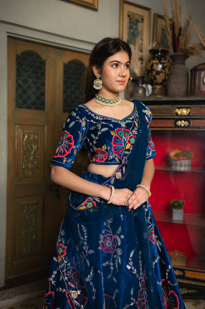 Navy Blue Velvet Lehenga with Zardozi Thread and Moti Work