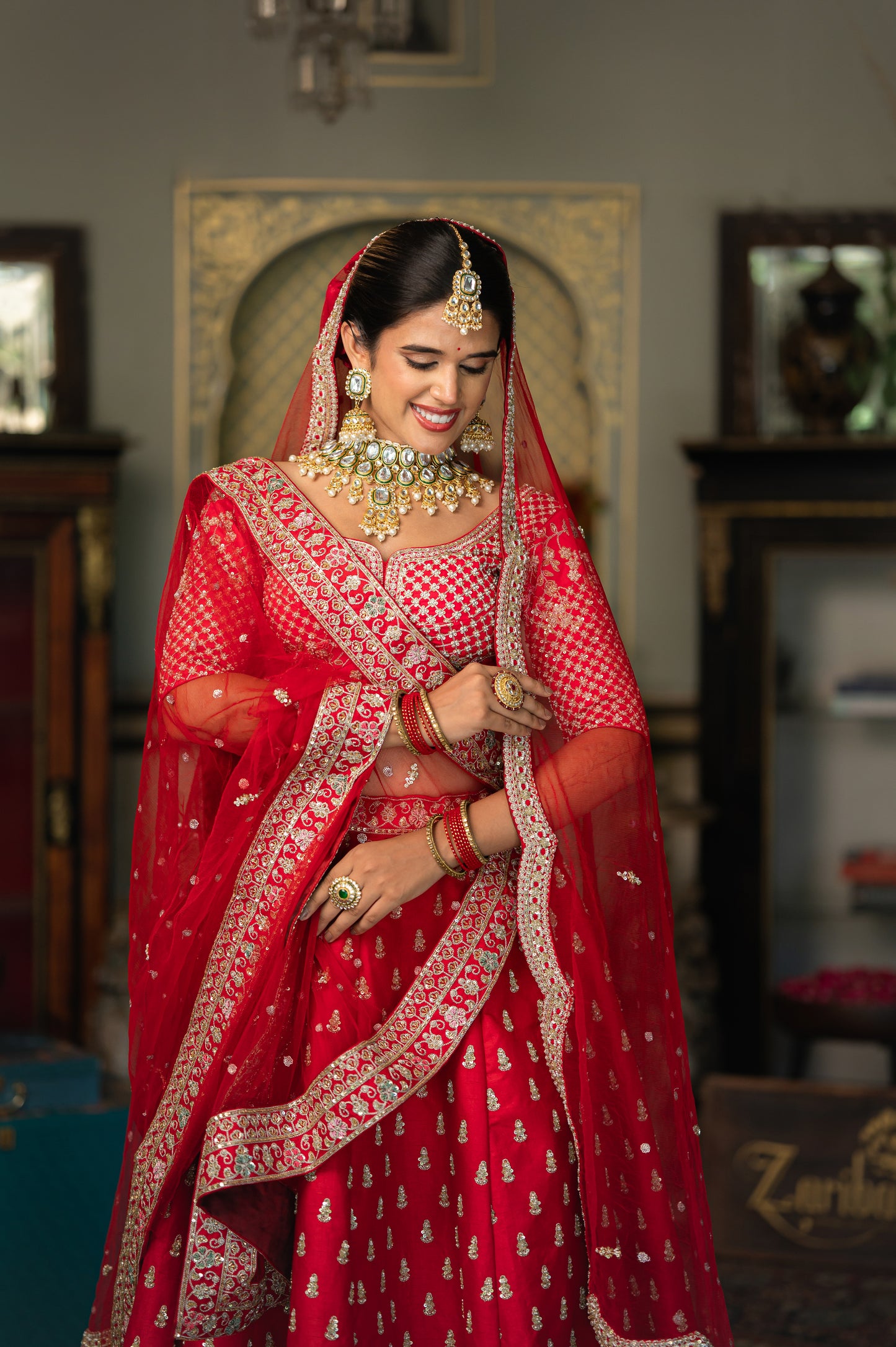 Red Designer Cutwork Double Border Raw Silk Bridal Lehenga