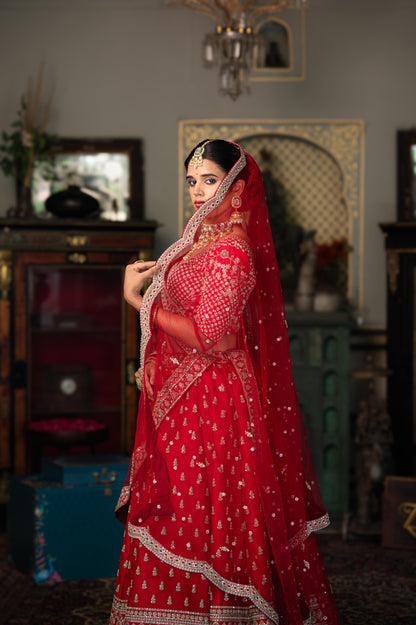 Cheery Red Raw Silk Bridal Lehenga with Aari Sequins Moti Work