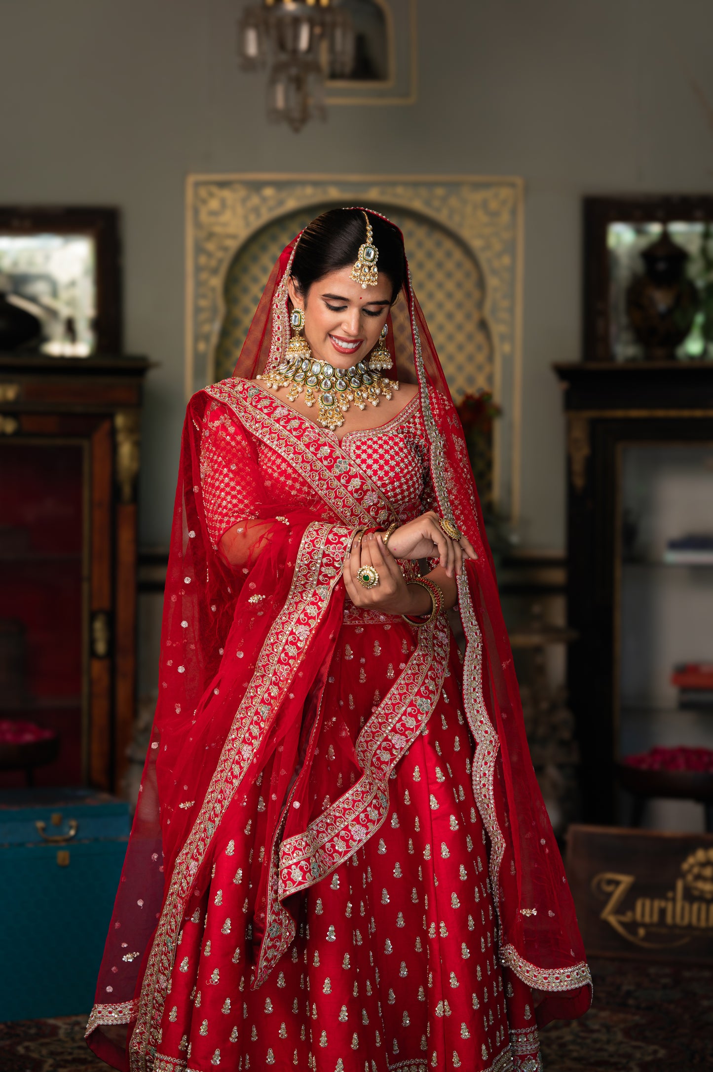 Red Designer Cutwork Double Border Raw Silk Bridal Lehenga