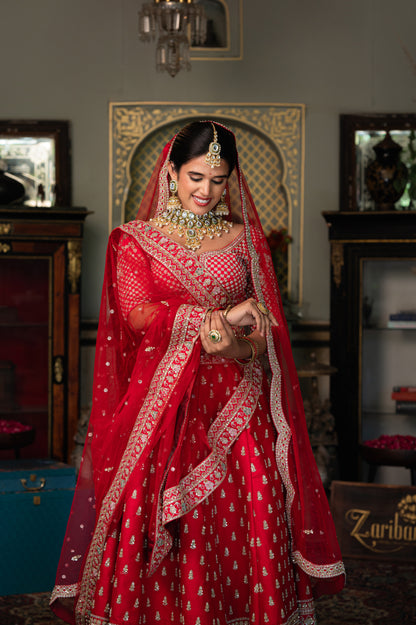 Cheery Red Raw Silk Bridal Lehenga with Aari Sequins Moti Work