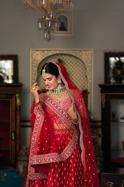 Cheery Red Raw Silk Bridal Lehenga with Aari Sequins Moti Work