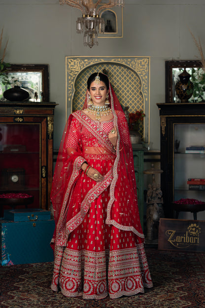 Cheery Red Raw Silk Bridal Lehenga with Aari Sequins Moti Work