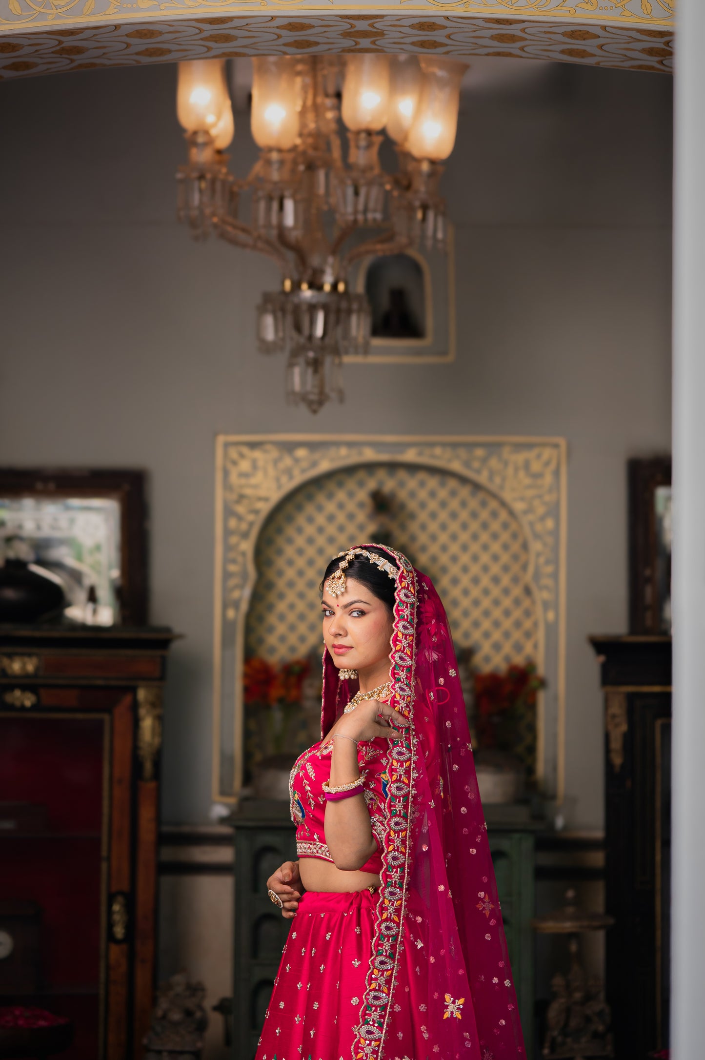 Pink Red Raw Silk Bridal Lehenga with Zardozi Birds Motifs Sequins and Moti Work
