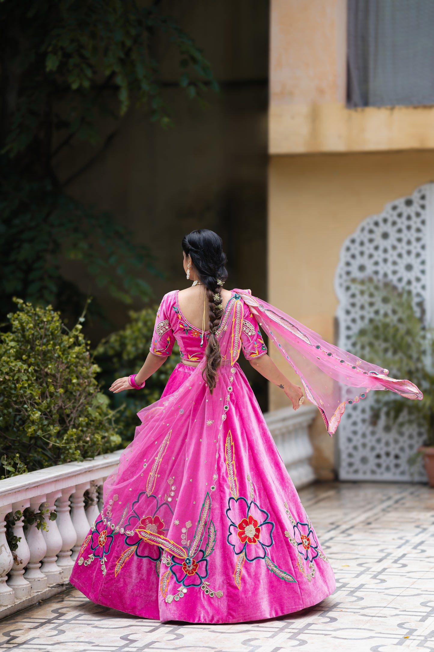 Purplish Pink Pure Velvet Lehenga with Zardozi Thread Flower Motifs Work