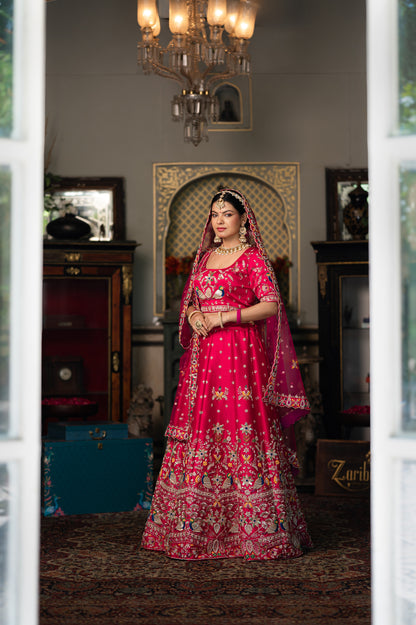 Pink Red Raw Silk Bridal Lehenga with Zardozi Birds Motifs Sequins and Moti Work