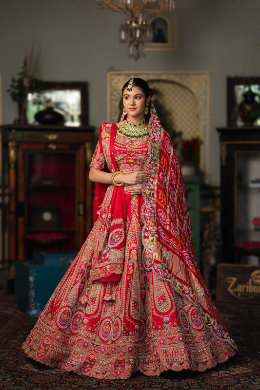Red Raw Silk Bridal Lehenga with Embroidery Aari Sequins Work