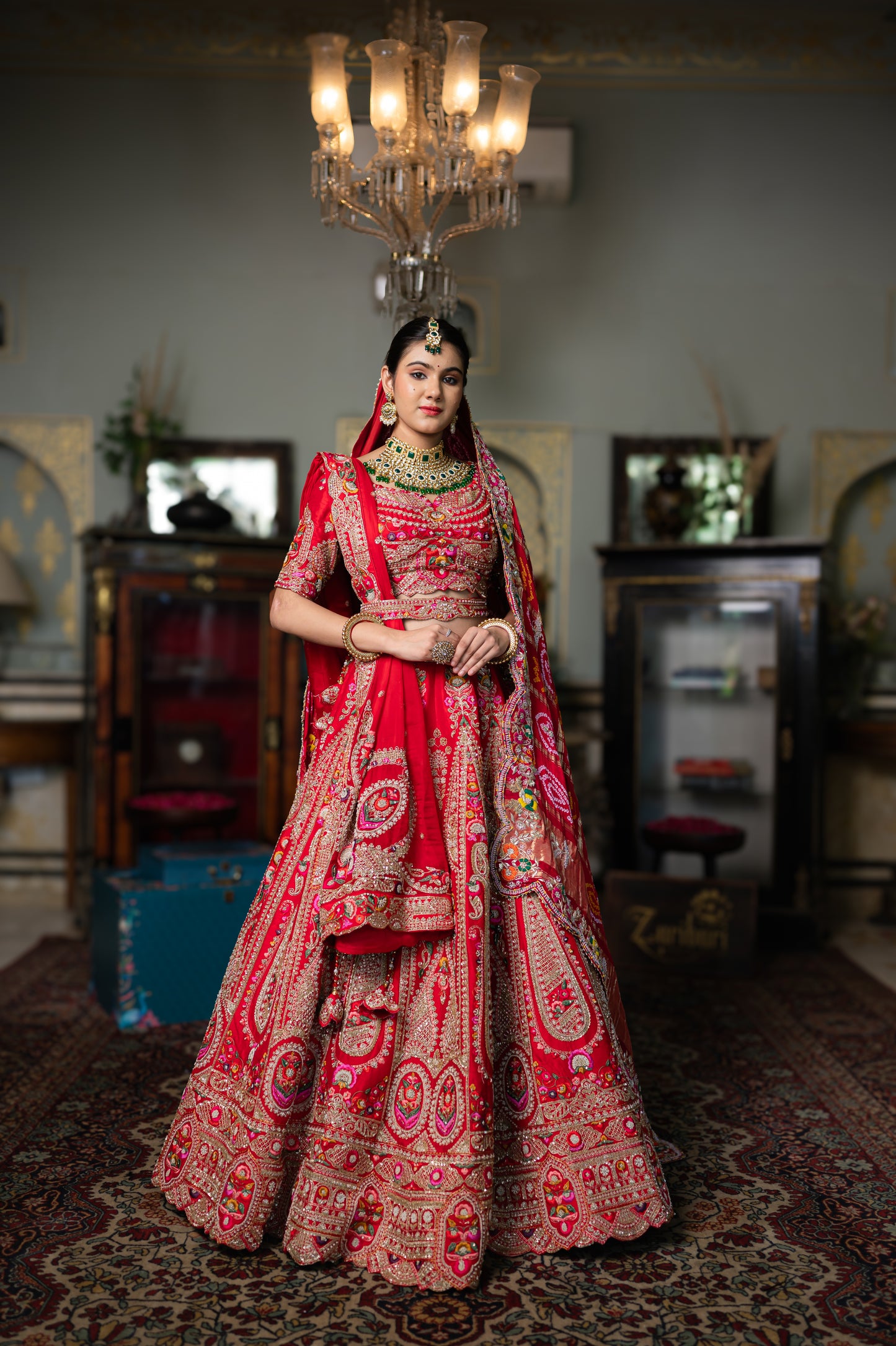 Red Raw Silk Bridal Lehenga with Embroidery Aari Sequins Work