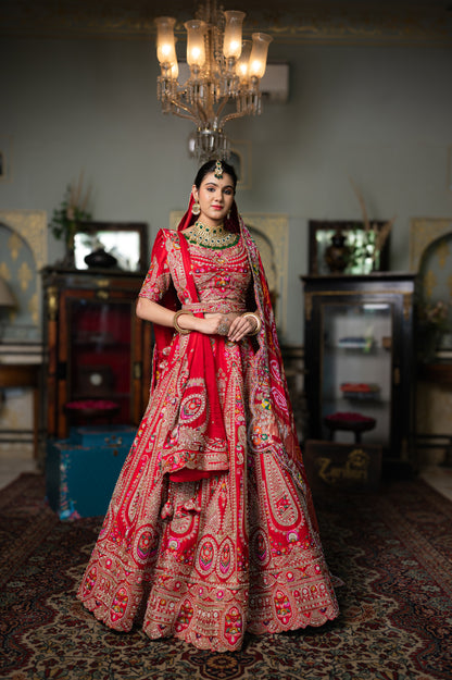 Red Raw Silk Bridal Lehenga with Embroidery Aari Sequins Work