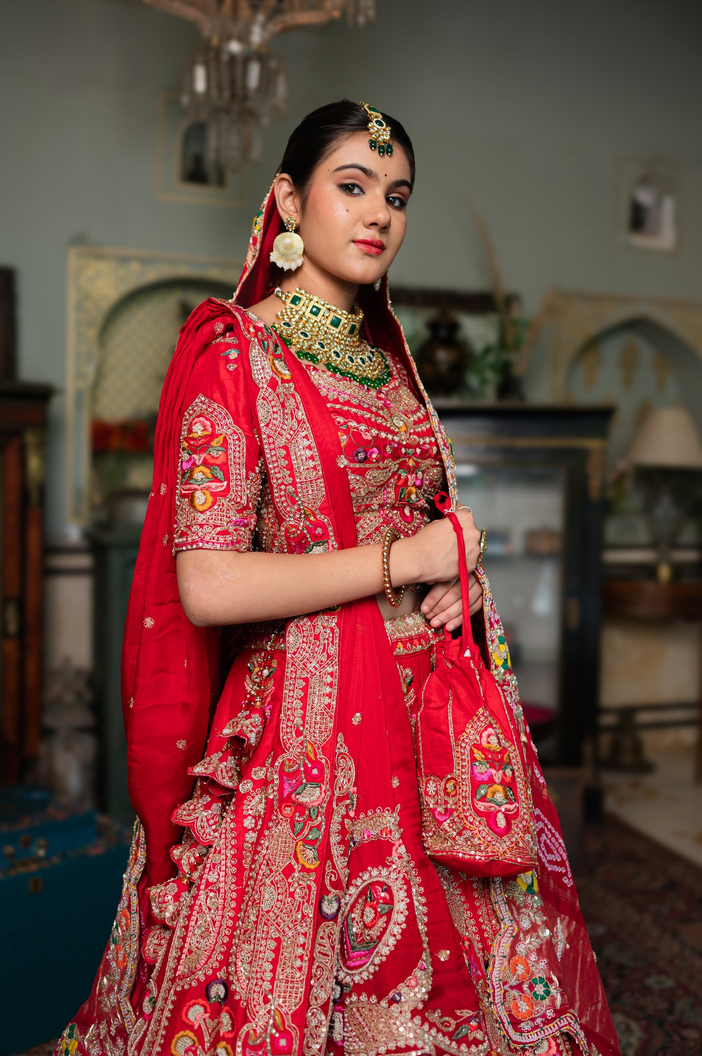 Red Raw Silk Bridal Lehenga with Embroidery Aari Sequins Work