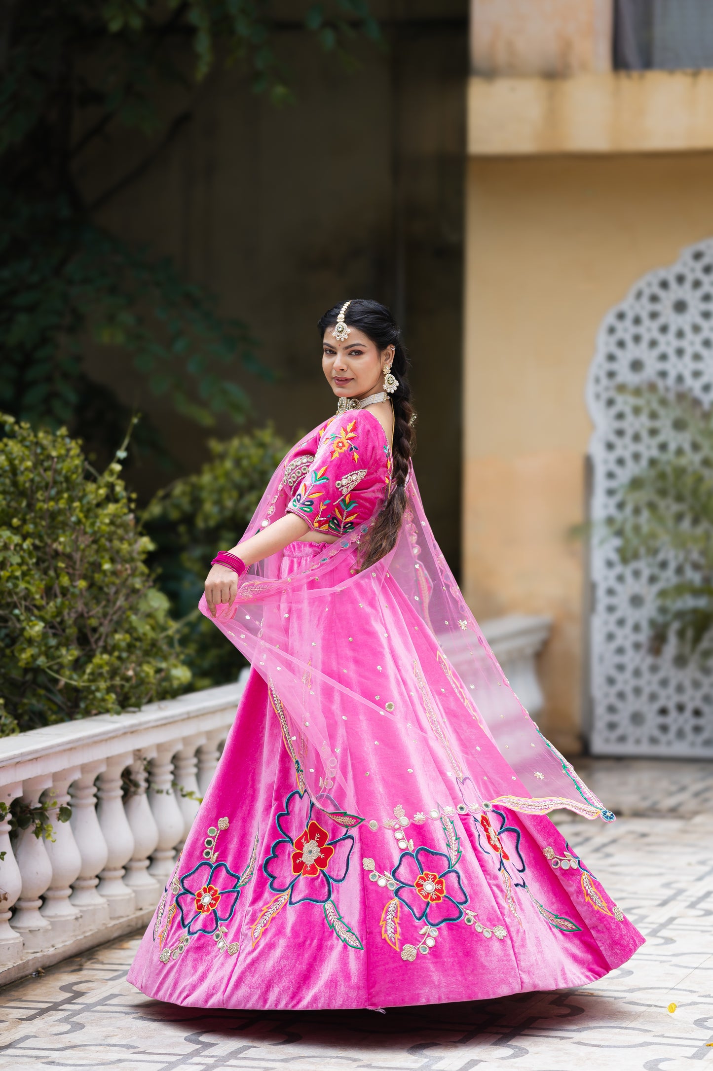 Purplish Pink Pure Velvet Lehenga with Zardozi Thread Flower Motifs Work