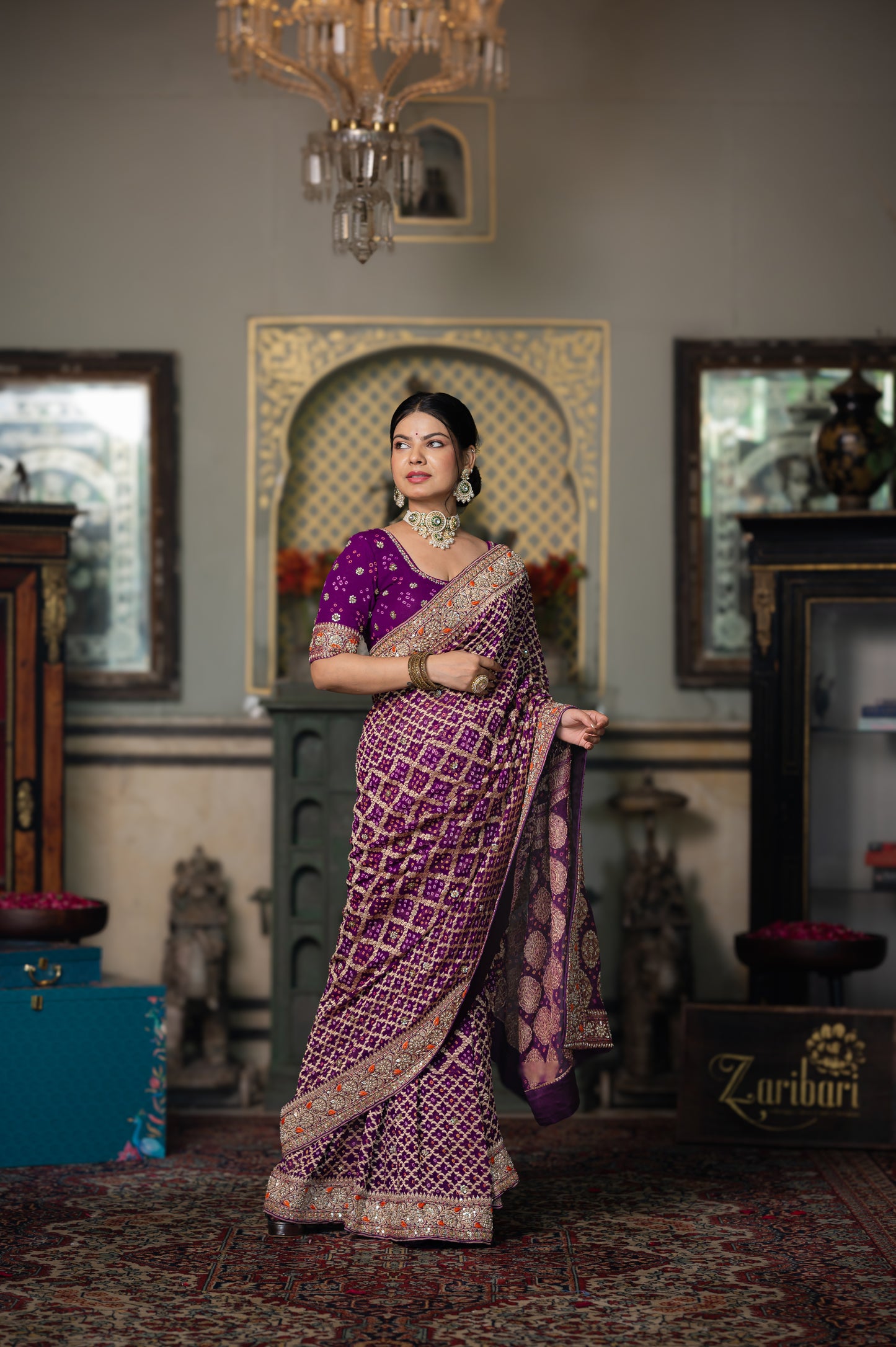 Gulnaar Wine Pure Banarasi Bandhani saree With Zardozi Handwork