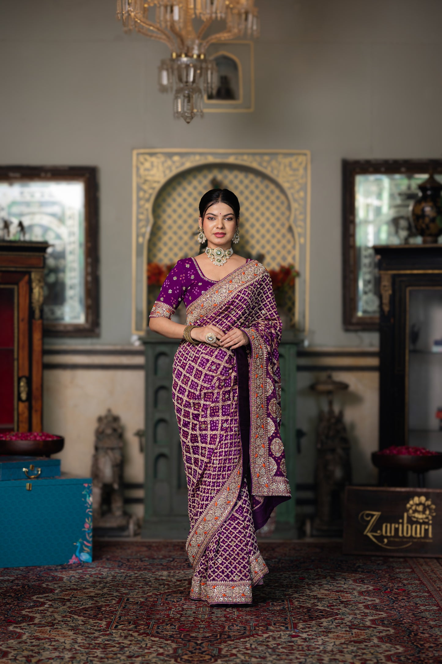 Gulnaar Wine Pure Banarasi Bandhani saree With Zardozi Handwork