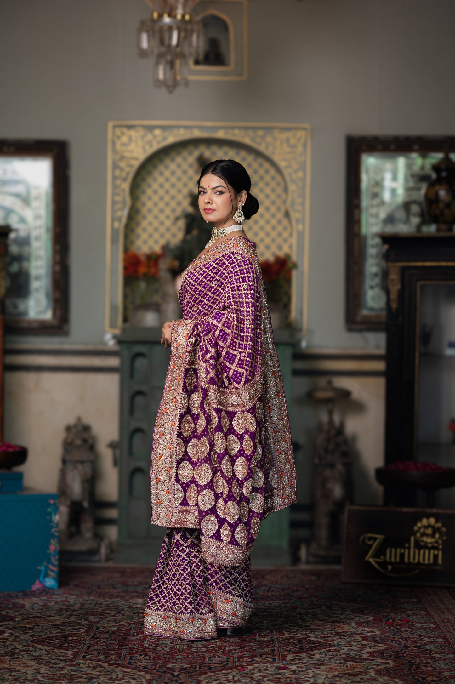 Gulnaar Wine Pure Banarasi Bandhani saree With Zardozi Handwork