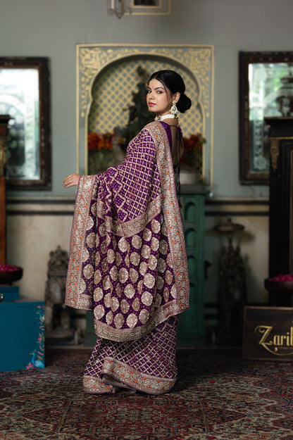 Purple Pure Khaddi Georgette Meenakari Saree with Thread Kardana Sequins Work