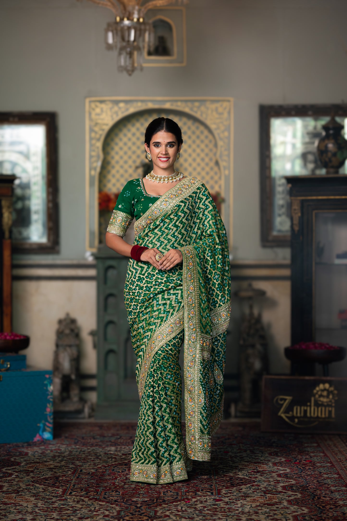 Green Pure Banarasi Bandhani saree With Zardozi Handwork