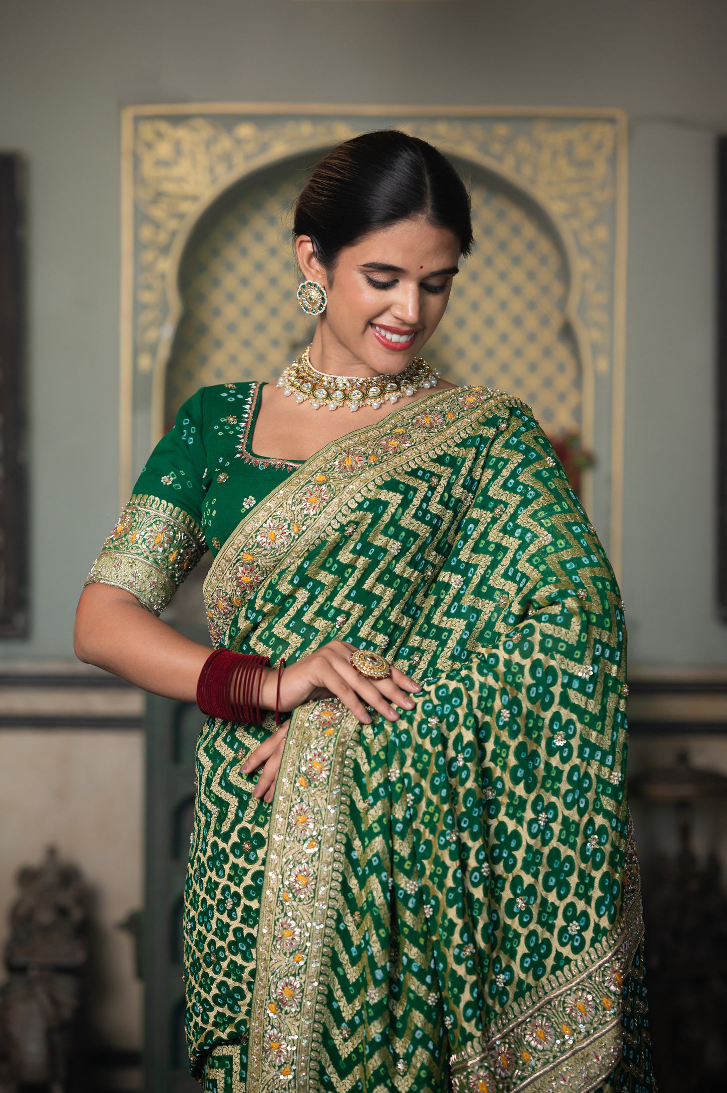 Green Pure Banarasi Bandhani saree With Zardozi Handwork