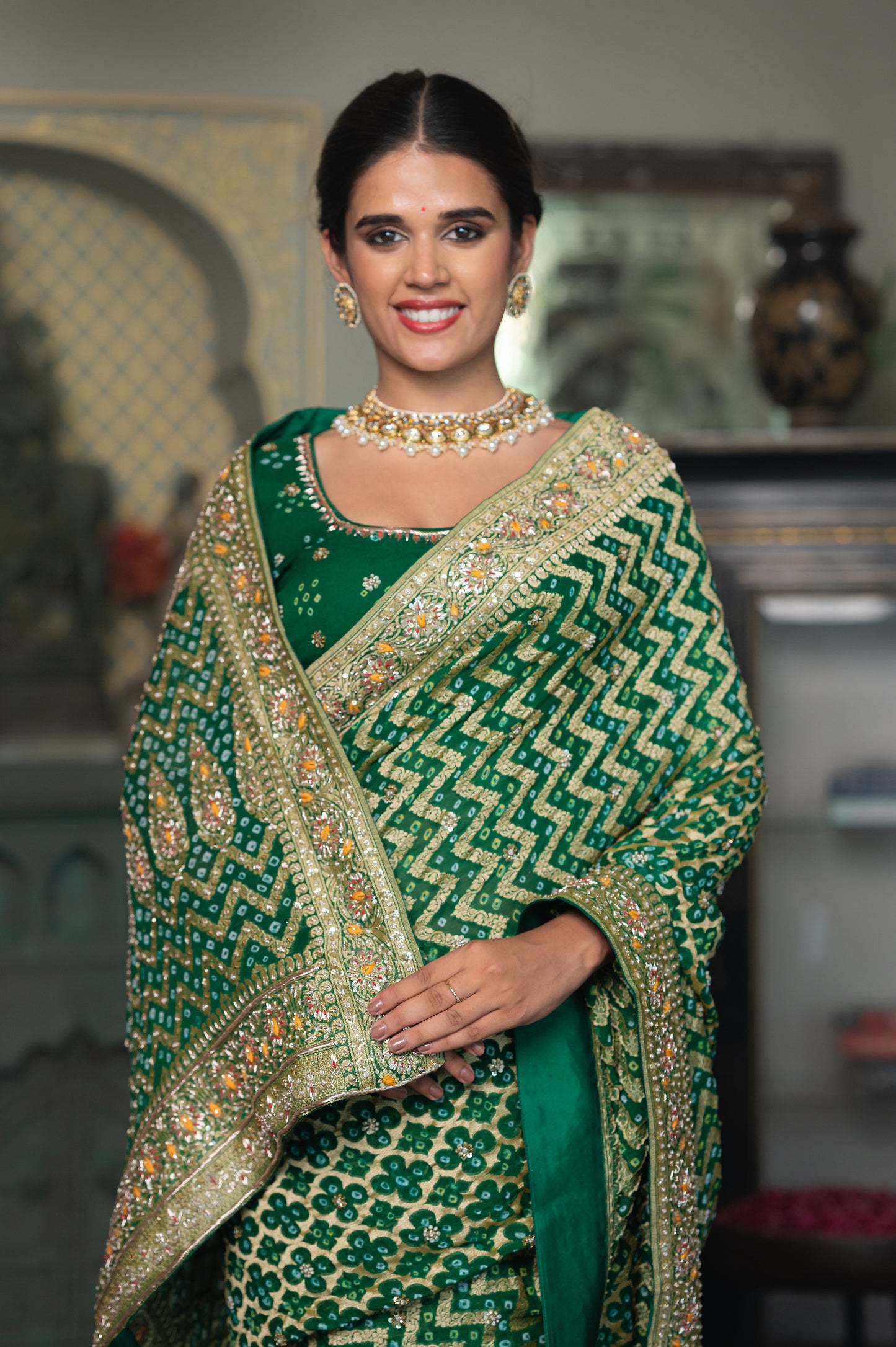 Green Pure Khaddi Georgette Meenakari Saree with Thread Kardana Sequins Work