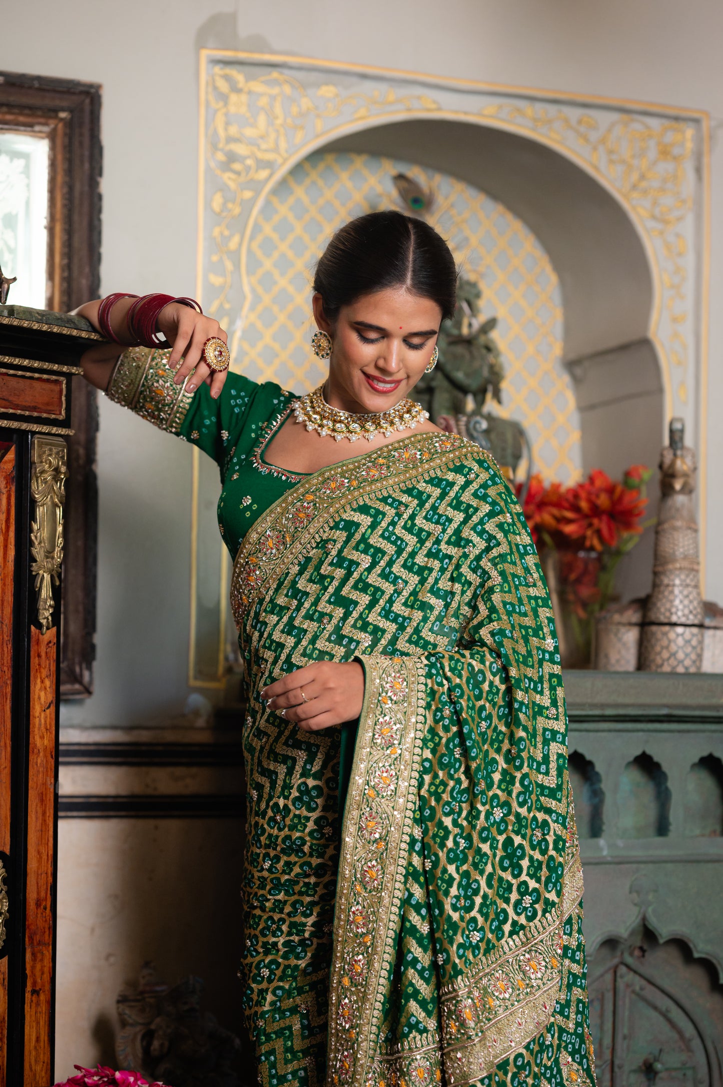 Green Pure Khaddi Georgette Meenakari Saree with Thread Kardana Sequins Work