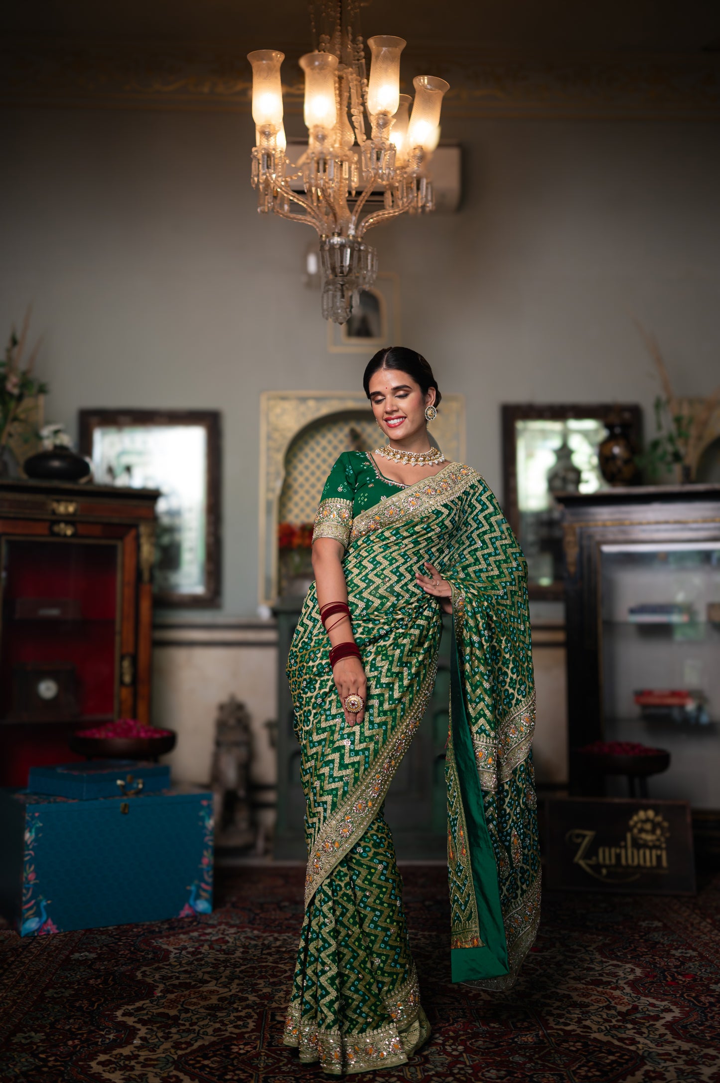 Green Pure Banarasi Bandhani saree With Zardozi Handwork