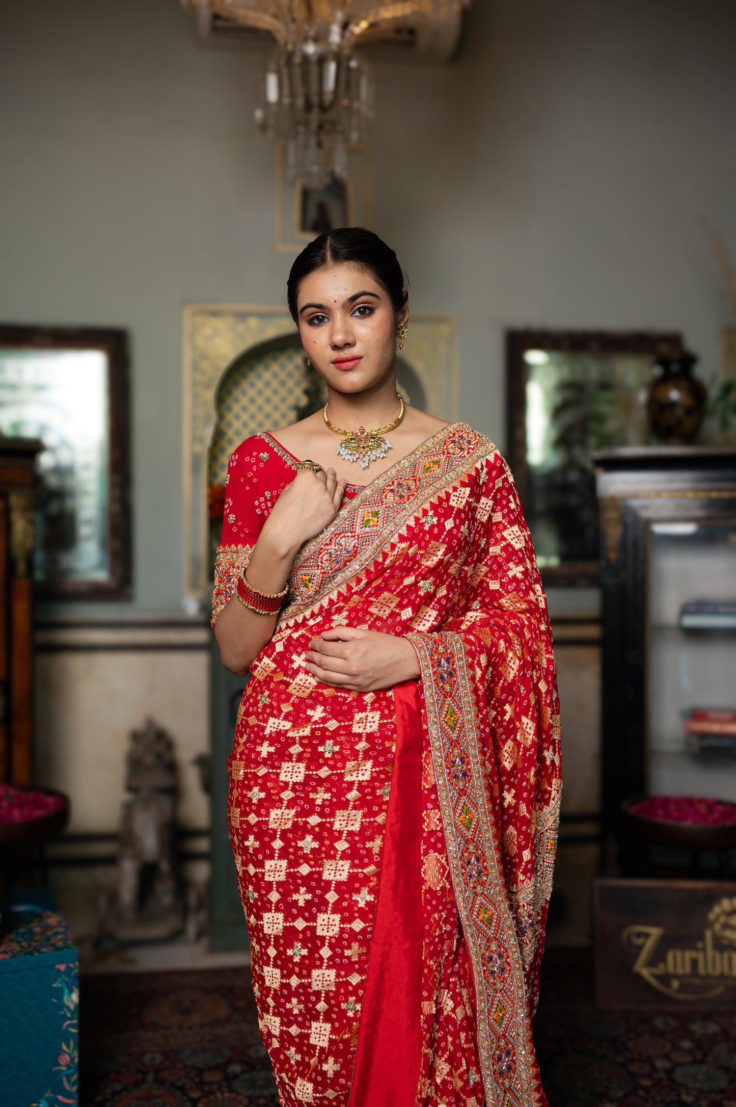 Red Pure Khaddi Georgette Meenakari Saree with Thread Kardana Sequins Work