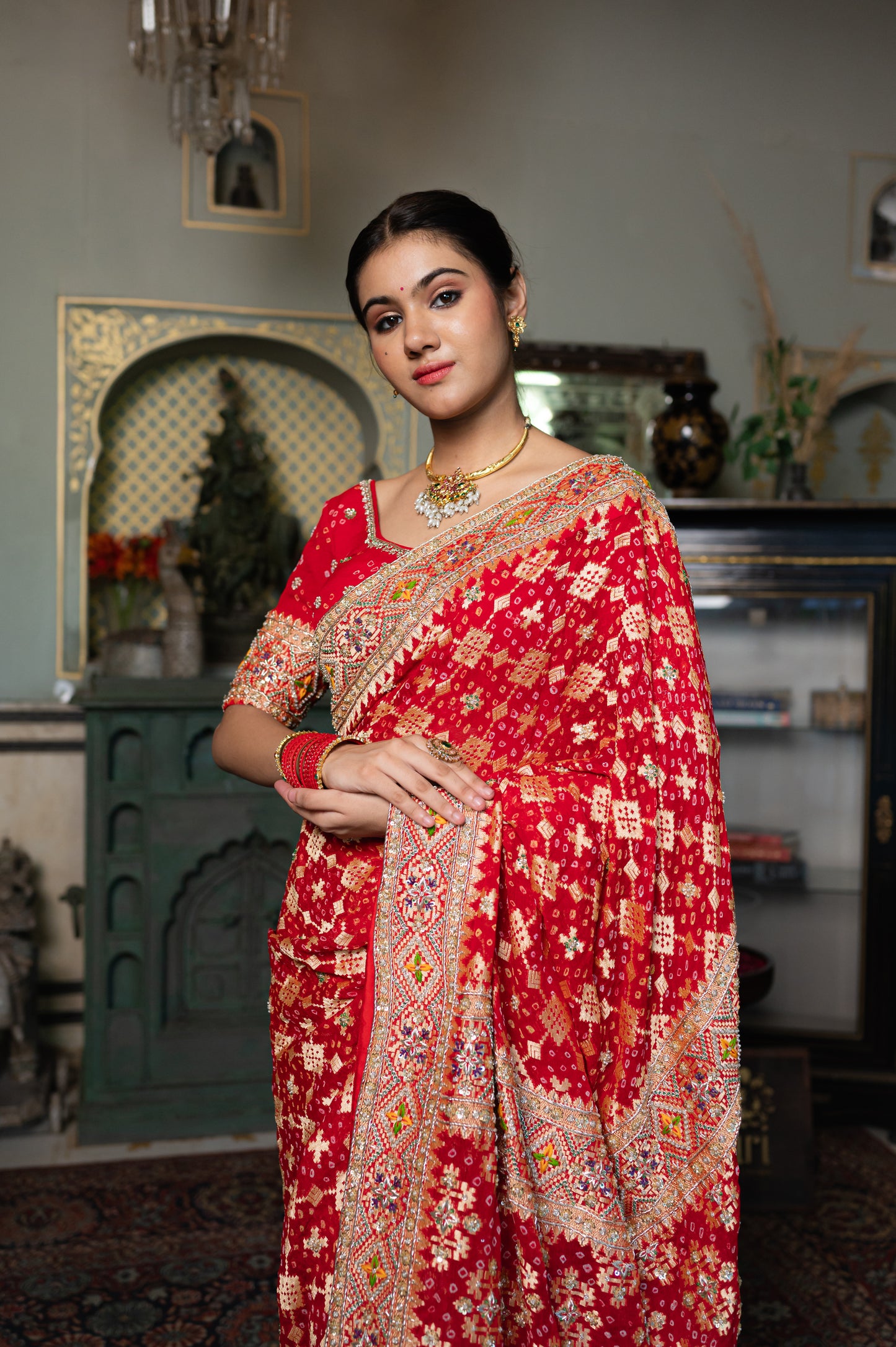 Red Pure Khaddi Georgette Meenakari Saree with Thread Kardana Sequins Work