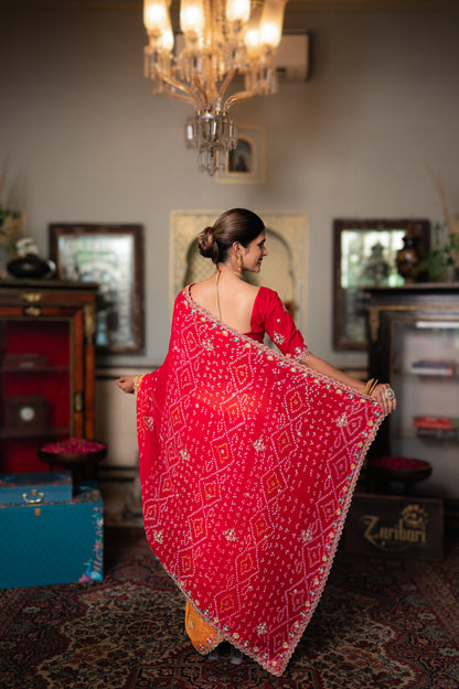 Red Yellow Pure Georgette Saree with Marodi Sequins Kardana and Moti Work