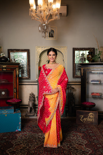 Red Yellow Pure Georgette Saree with Marodi Sequins Kardana and Moti Work