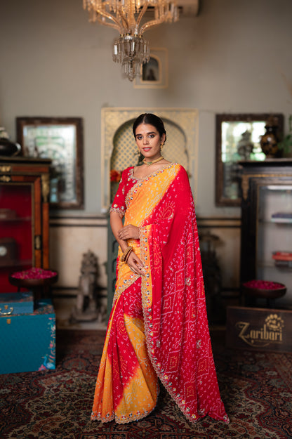 Red Yellow Pure Georgette Saree with Marodi Sequins Kardana and Moti Work
