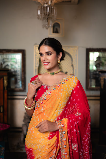 Red Yellow Pure Georgette Saree with Marodi Sequins Kardana and Moti Work