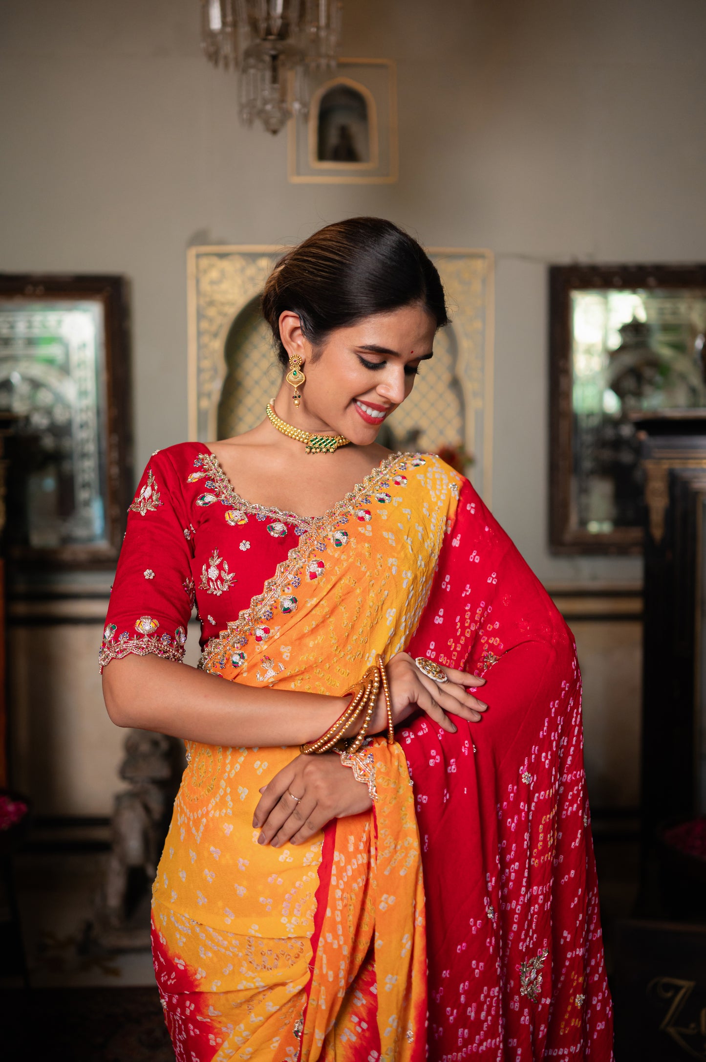 Red Yellow Pure Georgette Saree with Marodi Sequins Kardana and Moti Work