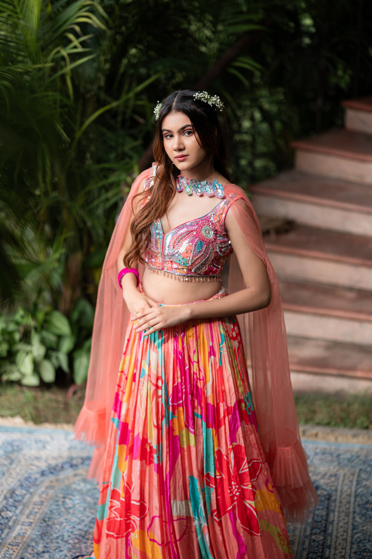 Peach Aura Crepe Silk Lehenga Set With Hand-Embroidered Crop Top