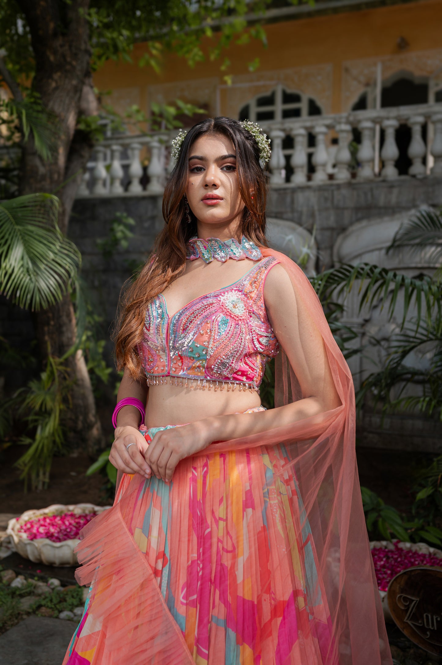 Peach Aura Crepe Silk Lehenga Set With Hand-Embroidered Crop Top