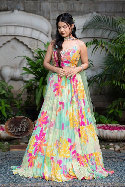 Turquoise Green Muslin Indo Western Set with Digital Print Sequins Work