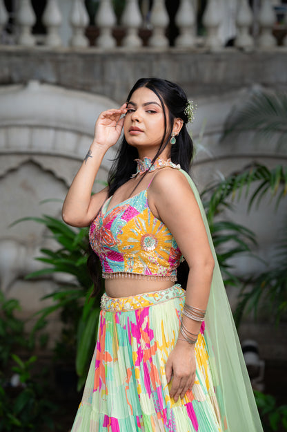 Turquoise Green Muslin Indo Western Set with Digital Print Sequins Work