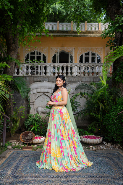 Turquoise Green Muslin Indo Western Set with Digital Print Sequins Work