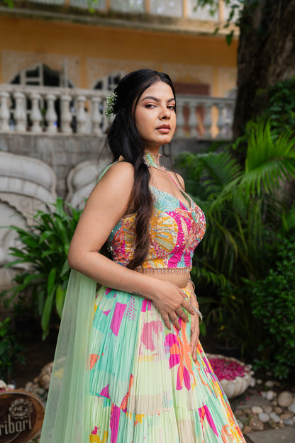 Turquoise Green Muslin Indo Western Set with Digital Print Sequins Work