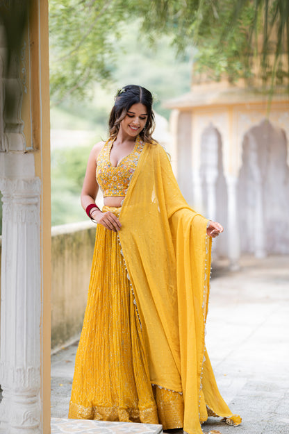 Satin Sheen Gold Chinon Lehenga with Aari Sequins Work