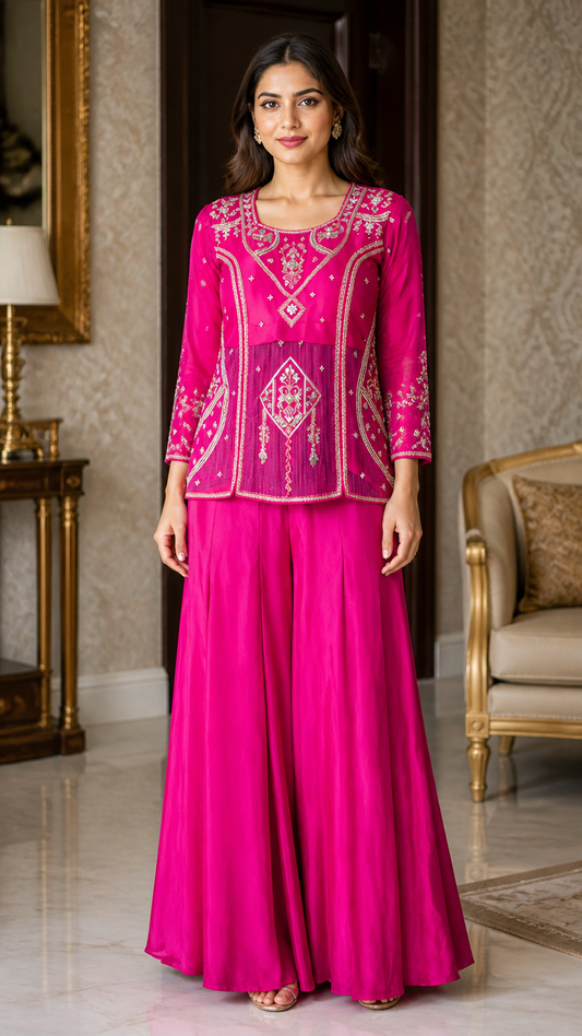 Rani Pink Indo Western Handwork Suit with Palazzo | Zaribari