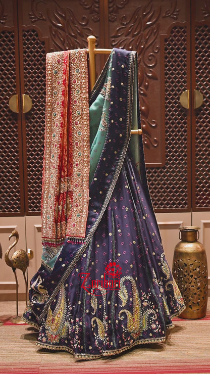 Blue Paisley  Digital Print Lehenga with Zardozi Handwork & Satin Organza Dupatta | Zaribari Jaipur