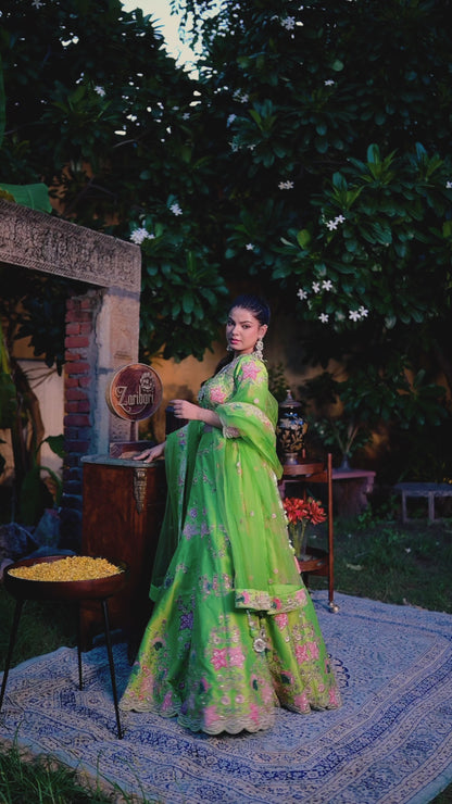 Avocado Green Raw Silk Lehenga with Aari Sequins Moti Work