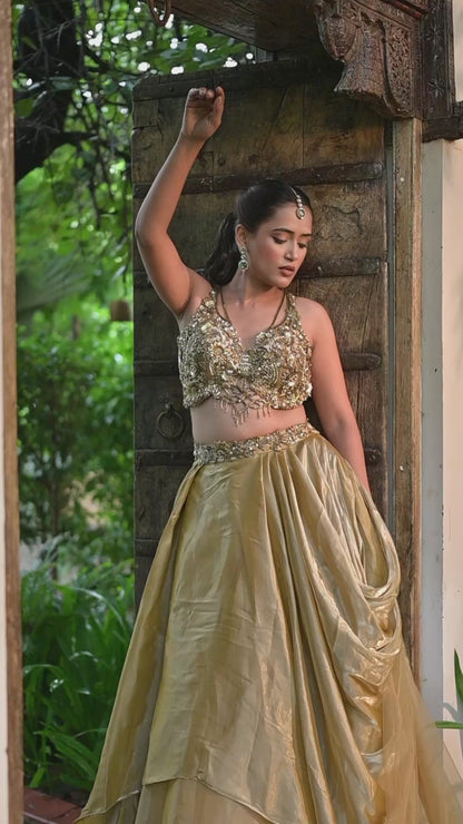 Coffee Golden Tissue Satin Lehenga with Zardozi Sequins Work