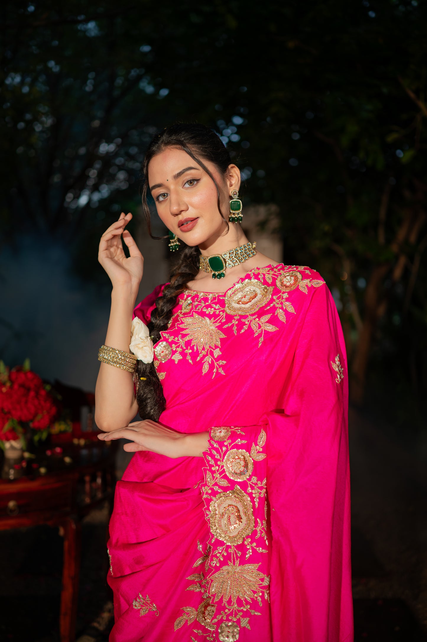 Hot Rani Raw Silk Saree with Dabka Marodi and Zardozi Work